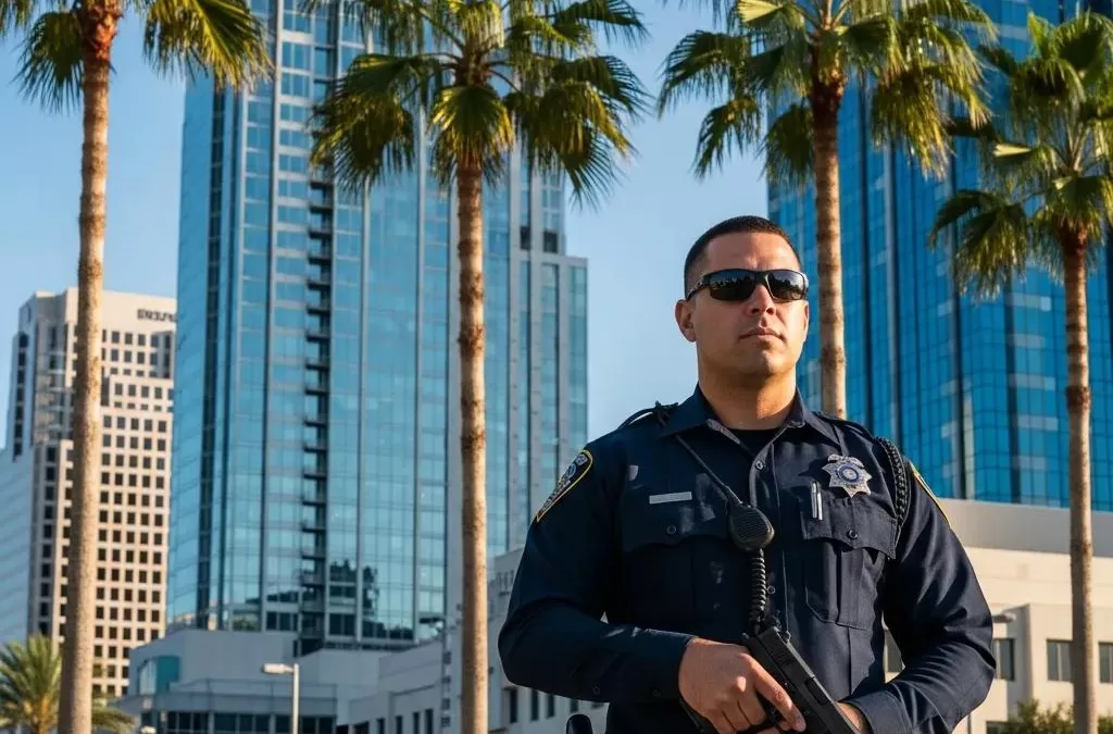 Professional armed security guard in Orlando, representing safety and vigilance in urban settings